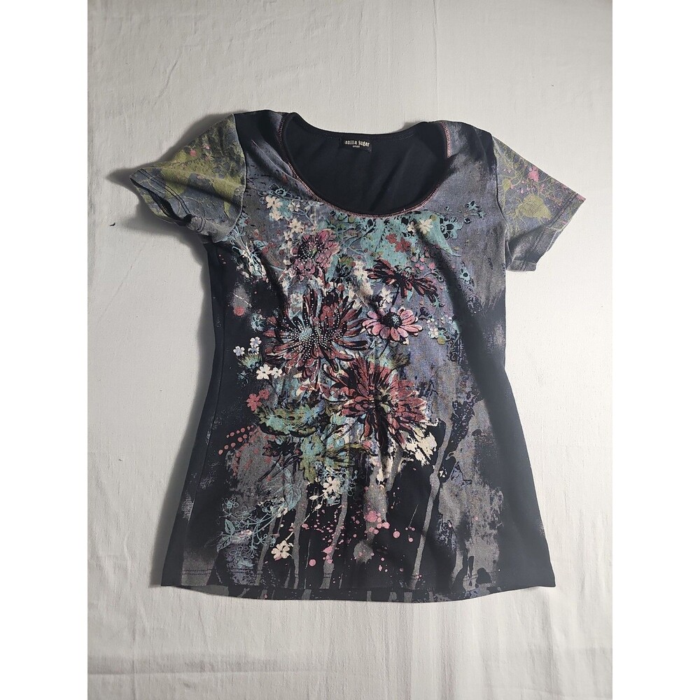 Vanilla Sugar Women's T-Shirt Small Black Floral Graphic Rhinestone Shirt